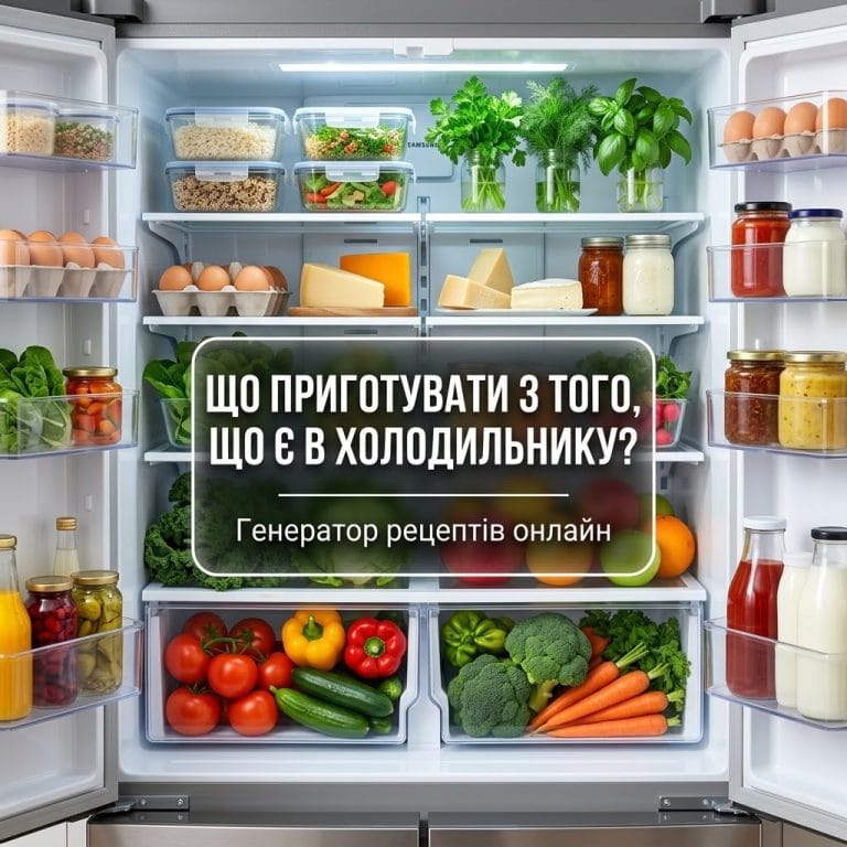 Наповнений холодильник із базовими продуктами та текстом про генератор рецептів за інгредієнтами.