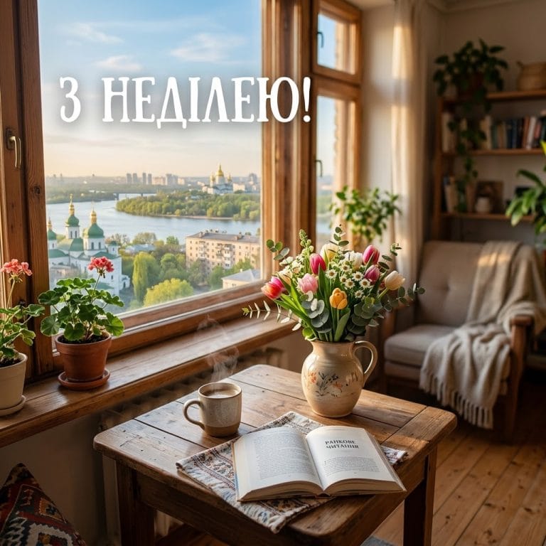 Головне зображення статті про недільні картинки. На ньому затишна кімната з видом на сонячний ранок, чашкою кави та книгою на столі, і текстом: "З НЕДІЛЕЮ!