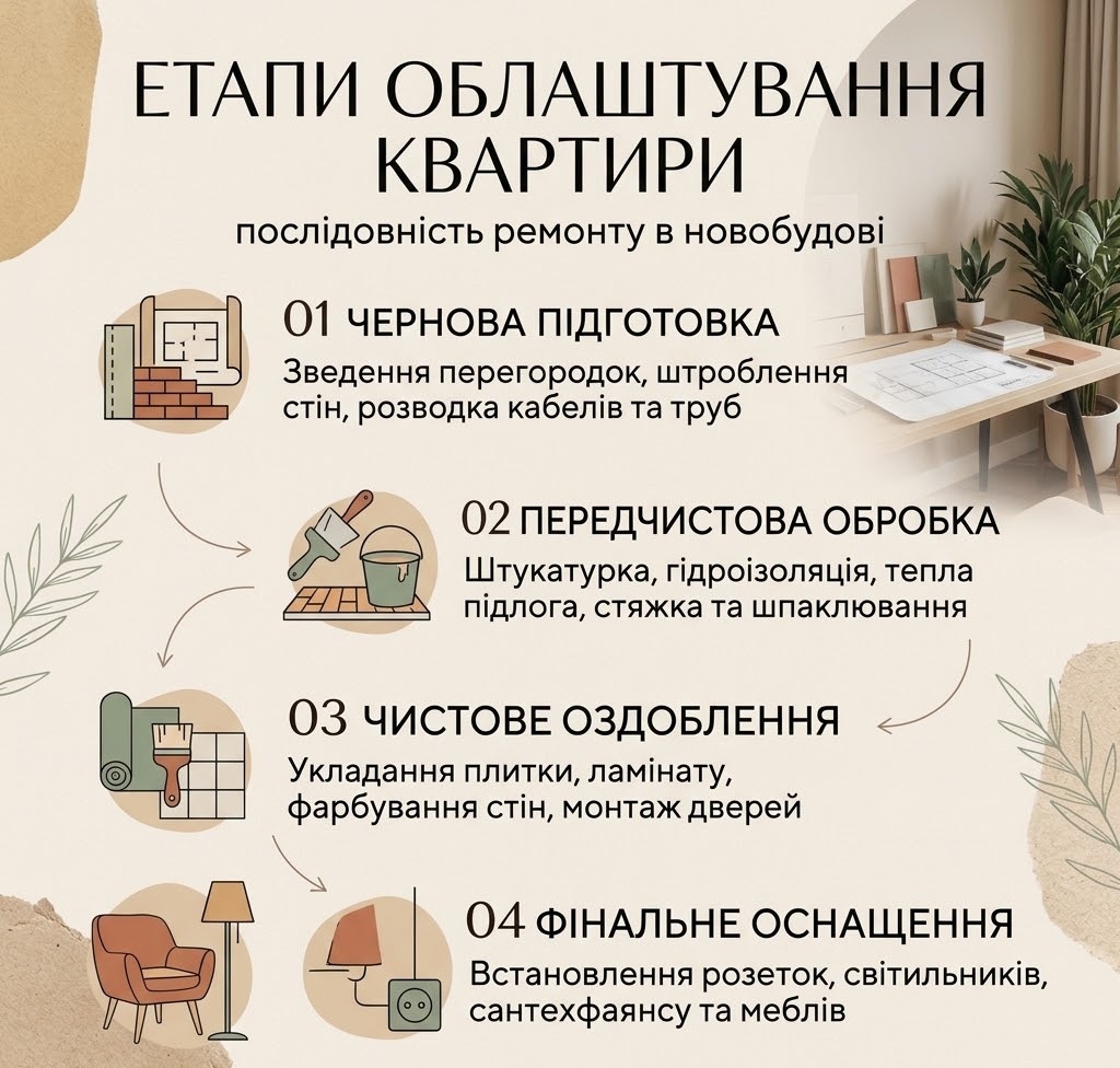 Інфографіка «Етапи облаштування квартири» для lookbook.co.ua — 4 кроки від чорнової підготовки до фінального оснащення меблями.