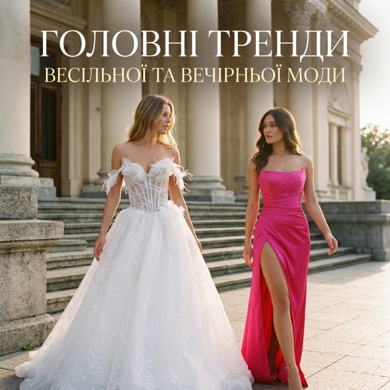 Дві моделі у розкішному весільному та вечірньому вбранні OKSANA MUKHA на тлі класичної архітектури.