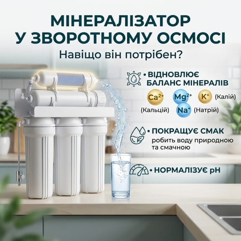Схема побутового фільтра зворотного осмосу з підсвіченим мінералізатором та склянкою води на кухні, що супроводжується інфографікою про насичення кальцієм, магнієм, калієм і натрієм, поліпшення смаку та нормалізацію рН.
