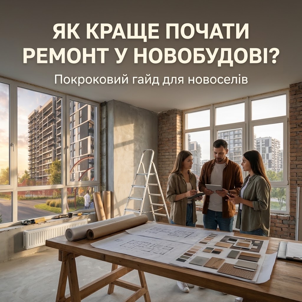 Планування ремонту в новій квартирі: власники та дизайнерка обговорюють проєкт на фоні панорамного вікна з видом на новобудову.