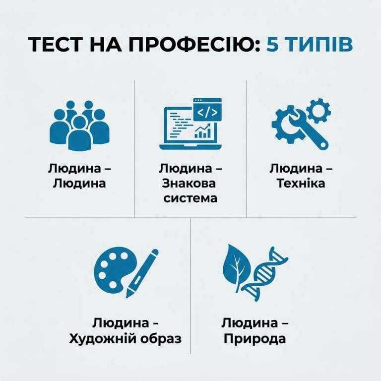 Інфографіка-анонс до тесту на вибір професії з 5 основними типами особистості та схильностей.
